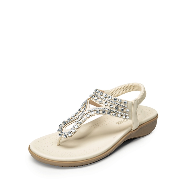 Rhinestone T-Strap Flat Thong Sandals - WHITE -  0